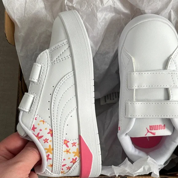 Puma Kids White Sneakers with Pink and Orange Accents - Picture 2 of 5